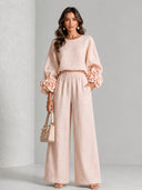 Elegant Floral Long-Sleeve Top and Wide-Leg Pants Two-Piece Set