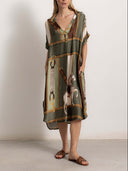 Retro Equestrian Print Shirt Midi Dress