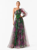 Elegant Floral Print Ruched One-Shoulder Sheer Maxi Dress