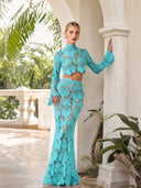 Elegant Turquoise Shell Lace Two-Piece Set