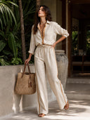 Minimalist Relaxed Button-Up Shirt & Drawstring Wide Leg Pants Set