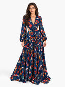 Elegant Navy Floral Print Cutout Maxi Dress