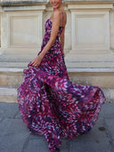 Elegant Abstract Print Ruched Spaghetti Strap Maxi Dress