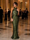 Elegant Metallic Halter Neck Ruched Maxi Dress