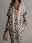 Bohemian Leopard Print V-Neck Batwing Sleeve Maxi Dress