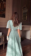 Elegant Square Neck Sheer Tulle Floral Embroidered Maxi Dress