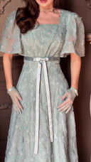Elegant Square Neck Sheer Tulle Floral Embroidered Maxi Dress