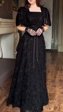 Elegant Square Neck Sheer Tulle Floral Embroidered Maxi Dress