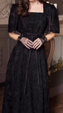 Elegant Square Neck Sheer Tulle Floral Embroidered Maxi Dress