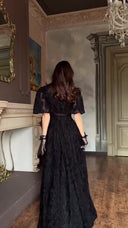 Elegant Square Neck Sheer Tulle Floral Embroidered Maxi Dress