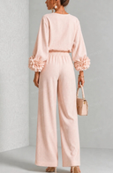 Elegant Floral Long-Sleeve Top and Wide-Leg Pants Two-Piece Set