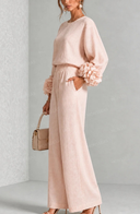 Elegant Floral Long-Sleeve Top and Wide-Leg Pants Two-Piece Set