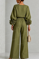 Elegant Floral Long-Sleeve Top and Wide-Leg Pants Two-Piece Set