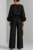 Elegant Floral Long-Sleeve Top and Wide-Leg Pants Two-Piece Set