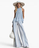 Elegant Sleeveless Top & Striped Wide-Leg Pants Set