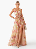 Elegant Abstract Print V-Neck Tie-Waist Maxi Dress