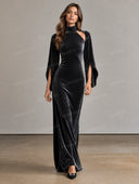 Velvet High Neck Cutout Cape Sleeve Maxi Dress