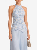 Elegant Halter Neck 3D Floral Appliqué Ruched Maxi Dress