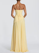 Elegant One-Shoulder Ruched Chiffon Tie-Waist Maxi Dress