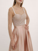 Elegant Pearl Mesh Top & Satin Midi Skirt Set