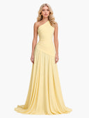 Elegant One-Shoulder Ruched Chiffon Tie-Waist Maxi Dress