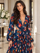 Elegant Navy Floral Print Cutout Maxi Dress