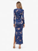 Charm Lady Mesh Overlay Tie Dye Print Long Sleeve Ruched Stretch Midi Dress