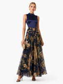 Elegant High Neck Satin Floral Chiffon Maxi Dress