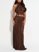Elegant Crochet Lace Halter Top & Maxi Skirt Two-Piece Set