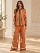 Retro Paisley Print Long Sleeve Shirt & Pants Two-Piece Set
