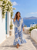 Refined Porcelain Print V-Neck Kaftan Maxi Dress