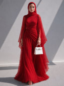 Elegant Pleated High-Neck Cape Sleeve Chiffon Maxi Dress
