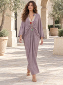 Casual V-Neck Twist Waist Batwing Sleeve Kaftan Maxi Dress