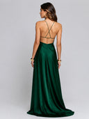 Emerald Green Satin Backless Maxi Dress