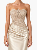 Elegant Floral Lace Strapless Satin Maxi Dress