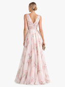 Elegant V-Neck Floral Print Tulle Maxi Dress