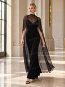 Sexy Black V-neck Sleeveless Sheer Fit Shawl-Style Spaghetti Strap Maxi Dress
