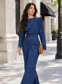 Boat Neck Pleated Slim Fit Maxi Dress
