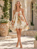 Exquisite Floral Print Organza Lace-Trim Mini Dress