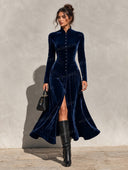 Retro Velvet High Neck Button Front Maxi Dress