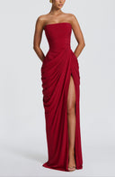 Strapless Pleated Slit Maxi Dress