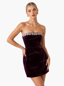 Elegant Velvet Jewel Embellished Trim Bandeau Mini Dress