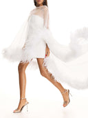 Feather Trim Sheer Cape Mini Dress