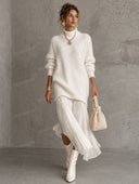 Oversized Turtleneck Knit Sweater & Pleated Midi Skirt Set