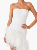 Elegant Strapless Feather Trim High Slit Satin Party Maxi Dress