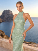 Elegant Sequined Halter Neck Maxi Dress