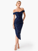 Elegant Sequin Off-Shoulder Asymmetric Party Midi Dress