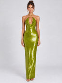 Sexy Sequin Halter Neck Cutout Maxi Dress