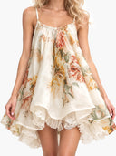 Exquisite Floral Print Organza Lace-Trim Mini Dress