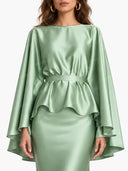 Satin Cape Sleeve Peplum Mermaid Maxi Dress Set